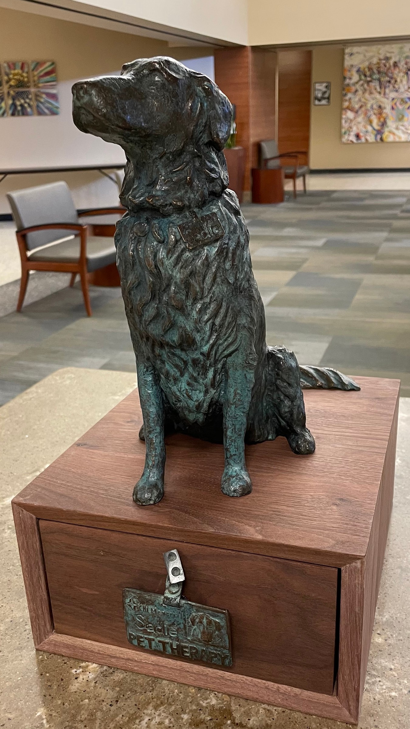Bronze statue of pet therapy dog, Sadie